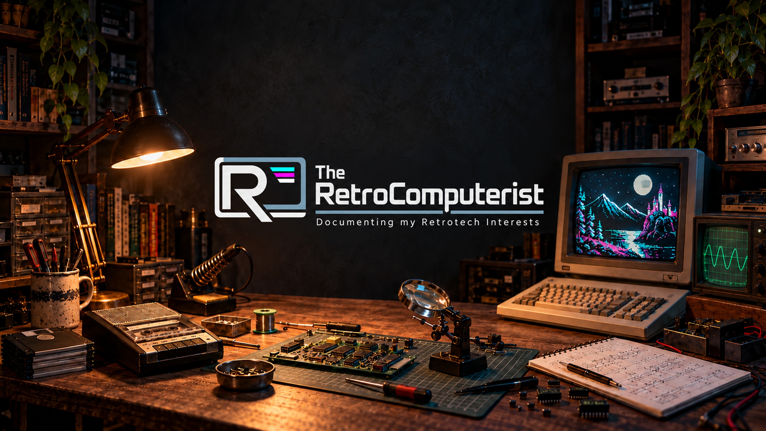The RetroComputerist — Documenting my Retrotech Interests. Instrument Silver logo above a night workshop with vintage computer and test equipment.